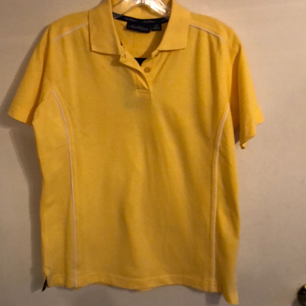 NWT New Wave yellow polo with white piping. Size L